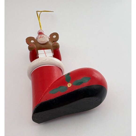 Vintage Wooden Santa Bear Christmas Tree Ornament in Red Stocking Hand Painted - Picture 5 of 8